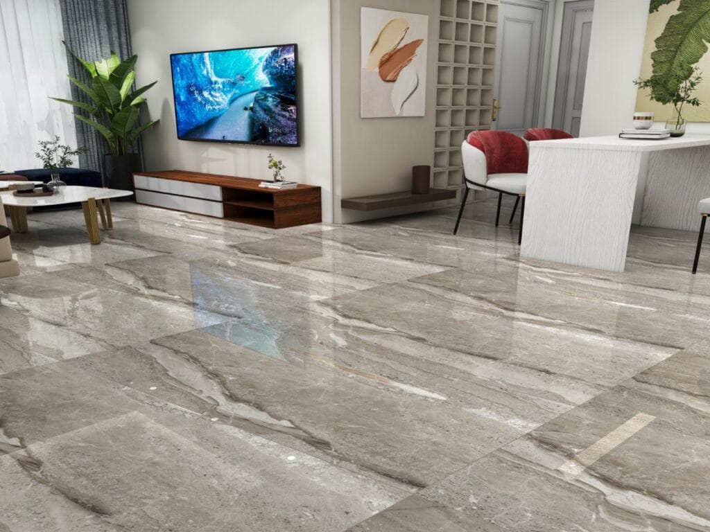 Гланциран гранитогрес Scientific gris 60x120 см с бежов мраморен ефект и огледален блясък