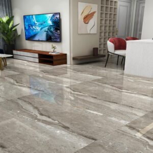 Гланциран гранитогрес Scientific gris 60x120 см с бежов мраморен ефект и огледален блясък